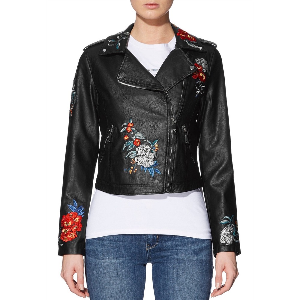 Guess Los Angeles Floral Embroidered Faux Leather Moto Jacket Black XS